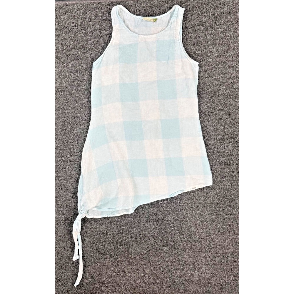 Y2K Chalet Plaid‎ Tunic Top Blue White Asymmetrical Tie Coastal Boho Small